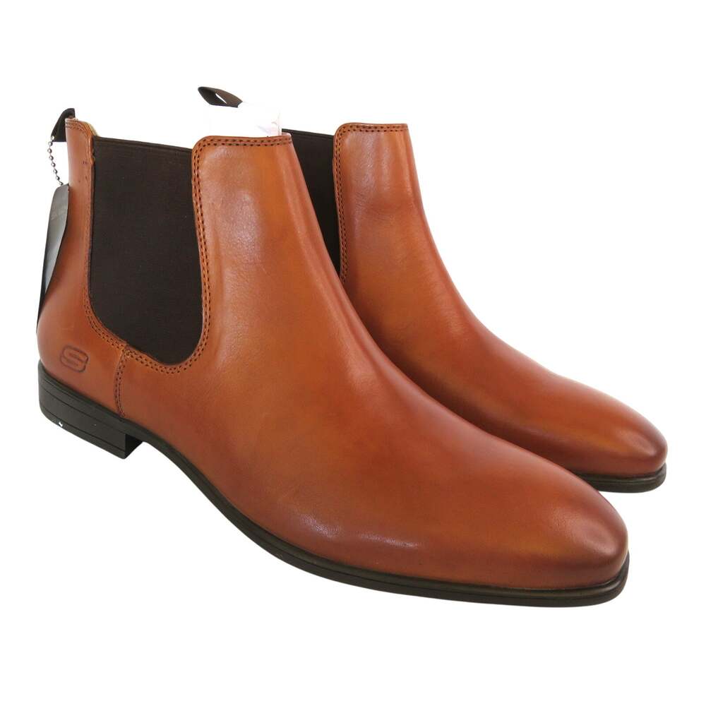 New SKECHERS Men Sz 9 Cognac Leather Chelsea Ankle Boots